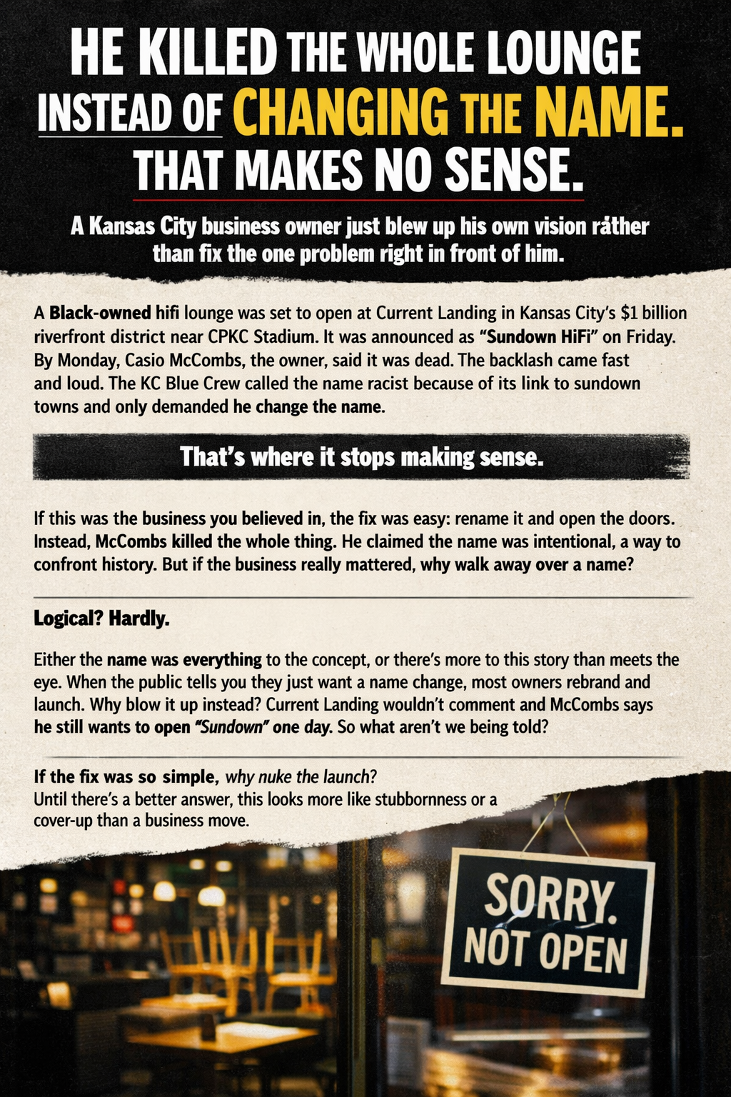 Kansas City lounge name controversy and Current Landing closure