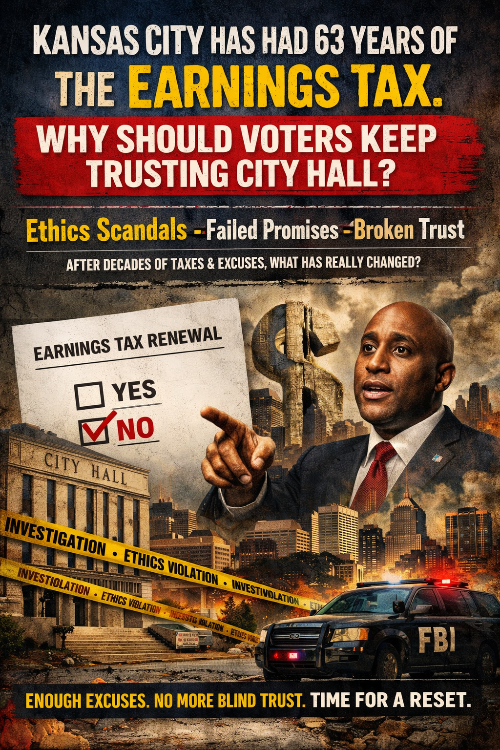 Illustration of Kansas City earnings tax debate showing a dramatic city skyline, a ballot marked “No” on earnings tax renewal, City Hall imagery, and bold text questioning whether voters should keep trusting City Hall after 63 years of the tax.