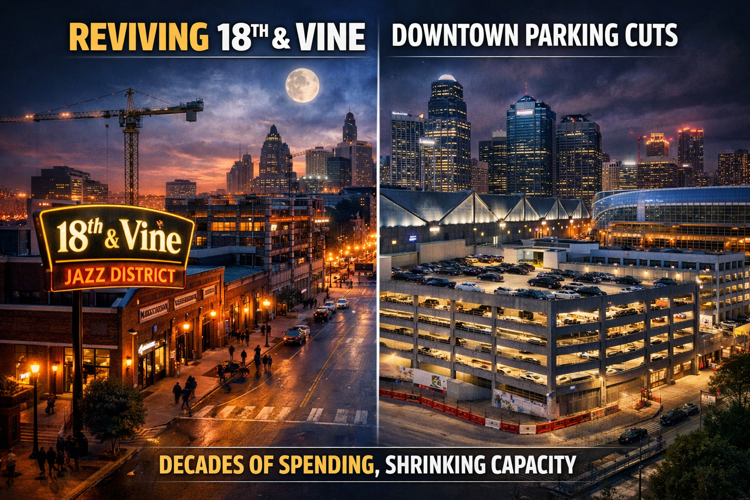 Kansas City 18th and Vine redevelopment contrasted with downtown parking garage showing World Cup 2026 preparation and reduced parking capacity debate