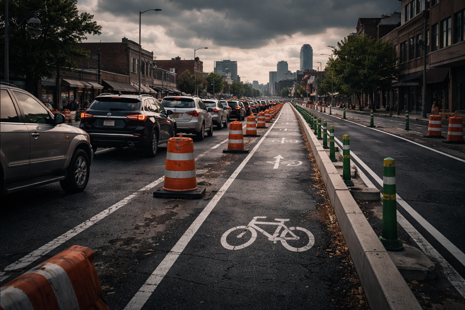 A dramatic wide-angle view of Southwest Boulevard in Kansas City shows heavy vehicle traffic moving through construction barrels and orange barricades beside a newly built protected bike lane that appears mostly empty under dark overcast skies.