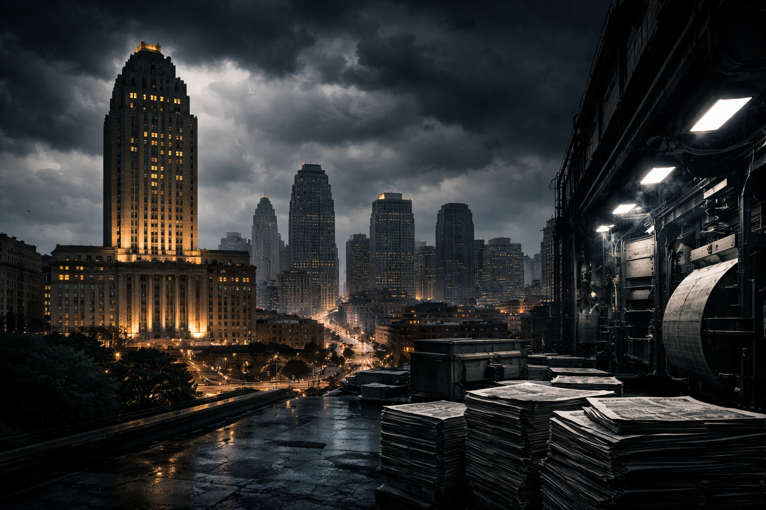 Kansas City skyline with dramatic lighting symbolizing tension between city government and media over audit controversy