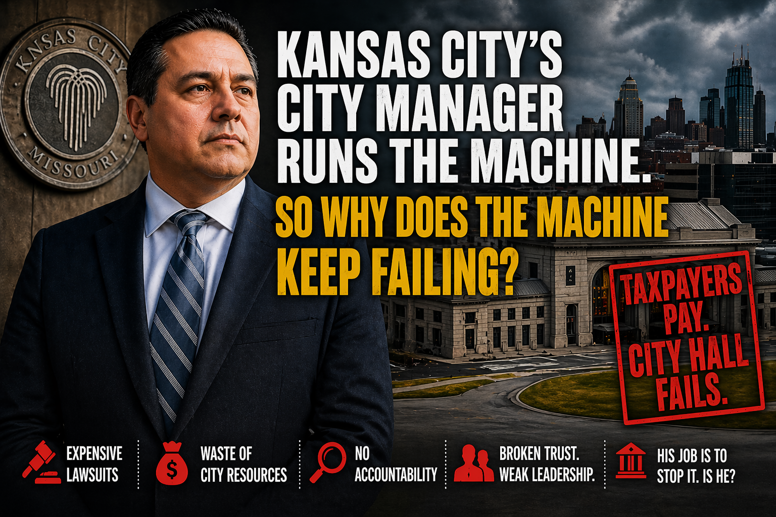 Kansas City City Manager Mario Vasquez with Kansas City skyline and City Hall, illustrating an article about city manager duties, lawsuits, waste, and accountability.