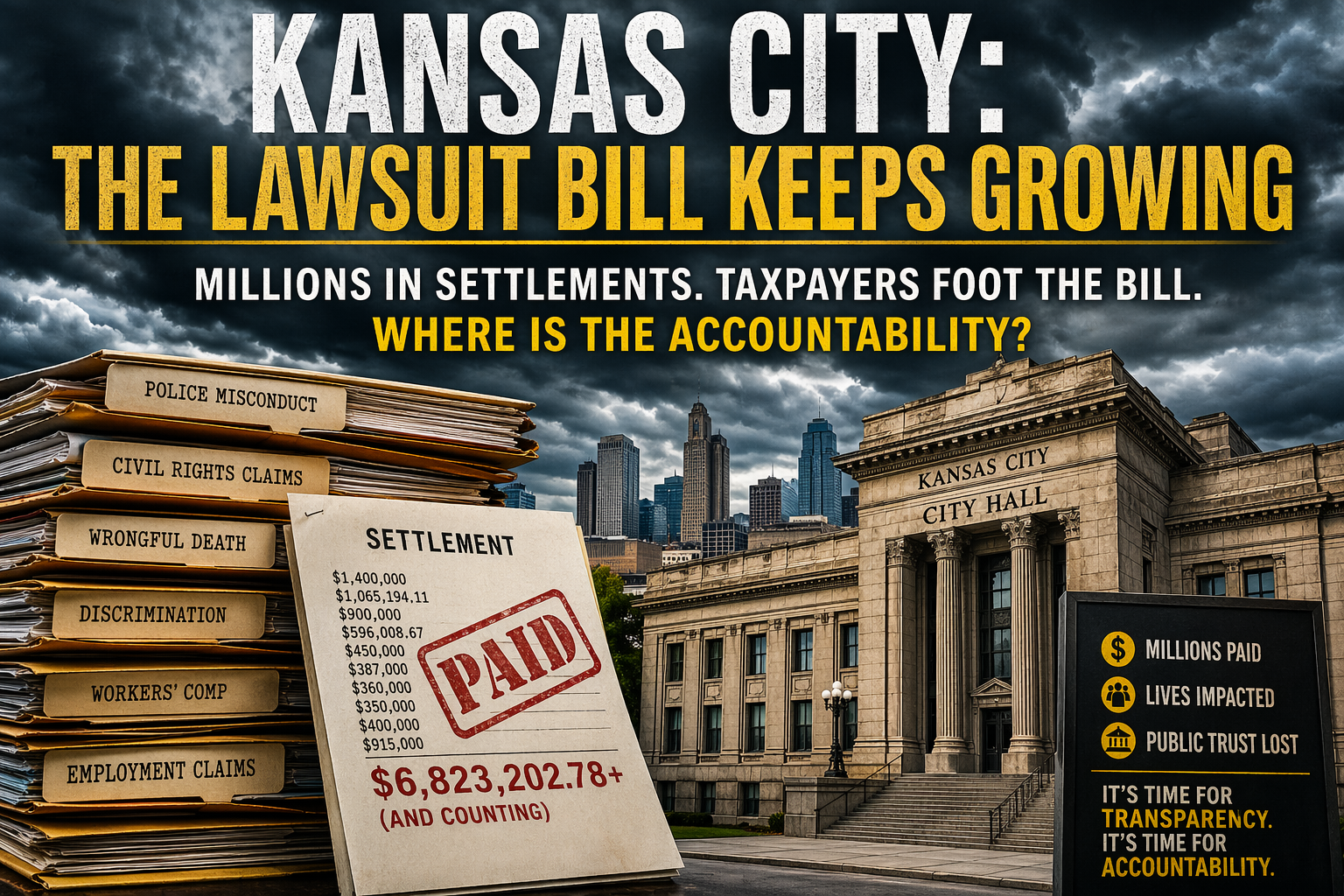 Kansas City City Hall under storm clouds symbolizing lawsuit settlements, police legal payouts, workers’ compensation claims, city manager accountability, and taxpayer transparency concerns.