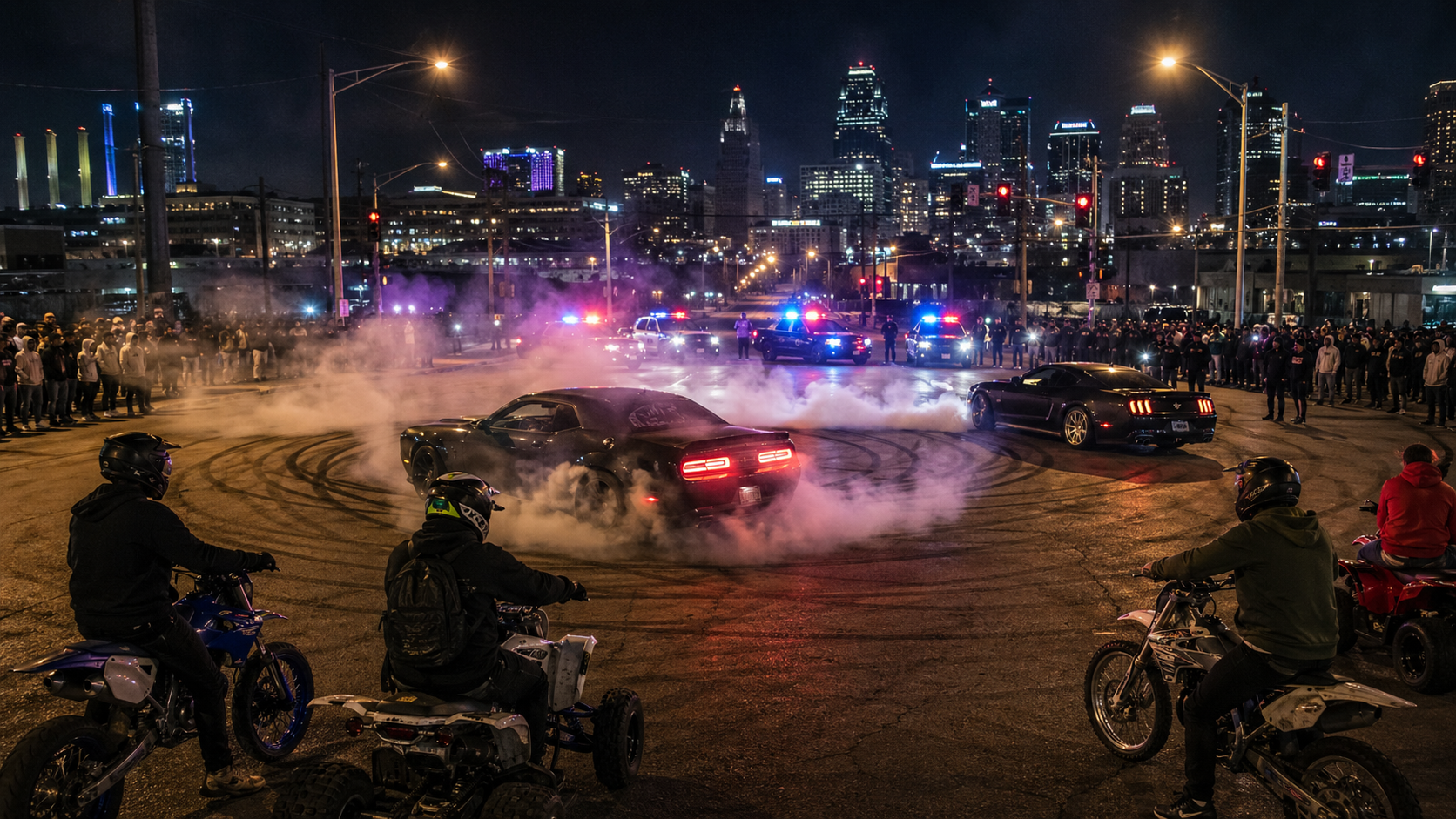 Kansas City nighttime street takeover with sideshow cars, ATV riders, police lights, tire smoke, and downtown skyline showing public safety concerns over restrictive police chase policies.