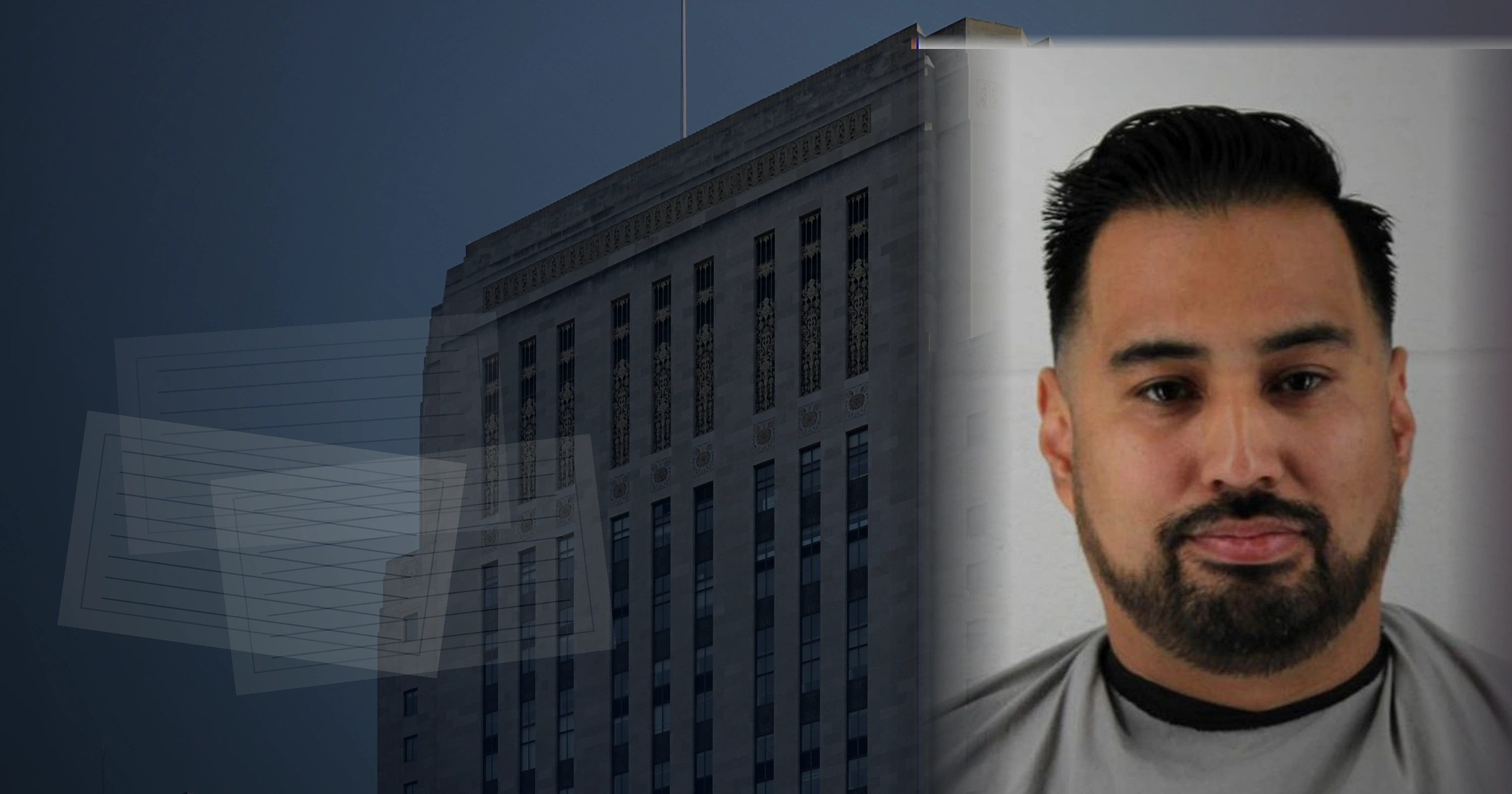 Investigative editorial image of Jackson County Legislature Chairman Manny Abarca IV during the 2026 Jackson County Executive race with dramatic courthouse lighting, Jackson County government backdrop, property tax protest symbolism, political controversy atmosphere, and a serious investigative journalism style composition representing criminal charges, workplace misconduct investigation, county government conflict, and voter accountability in Kansas City Missouri.