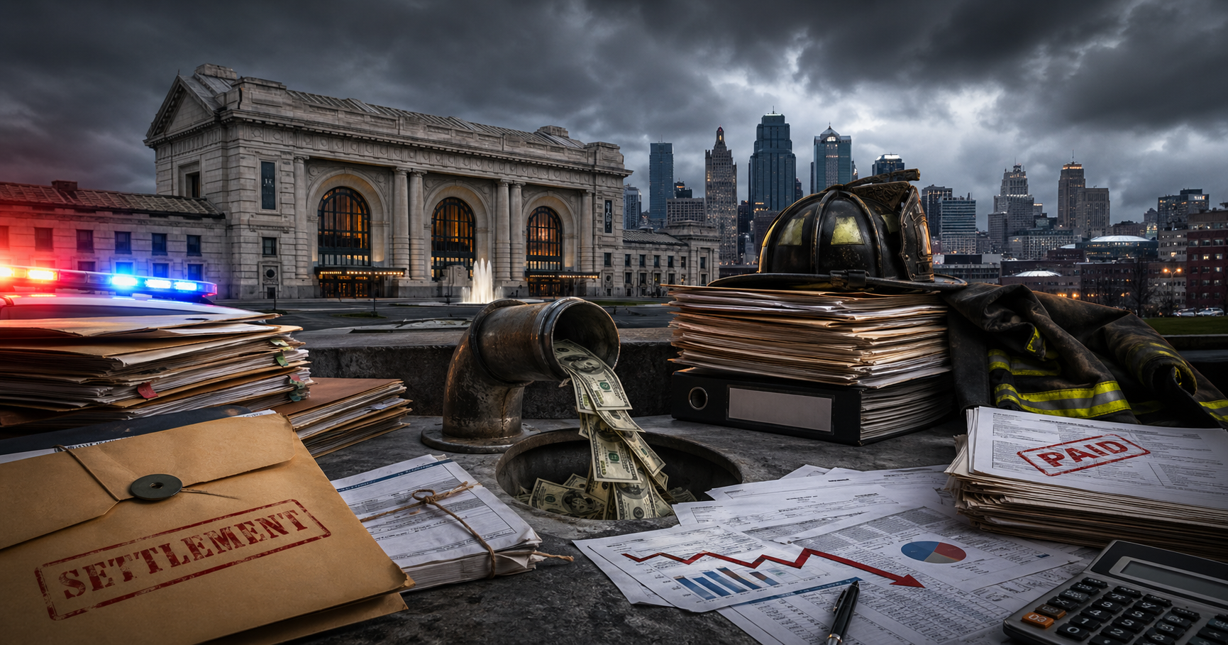 Kansas City police and fire payout records stacked beside City Hall, showing taxpayer costs, workers’ compensation claims, legal settlements, union disputes, and public accountability concerns.