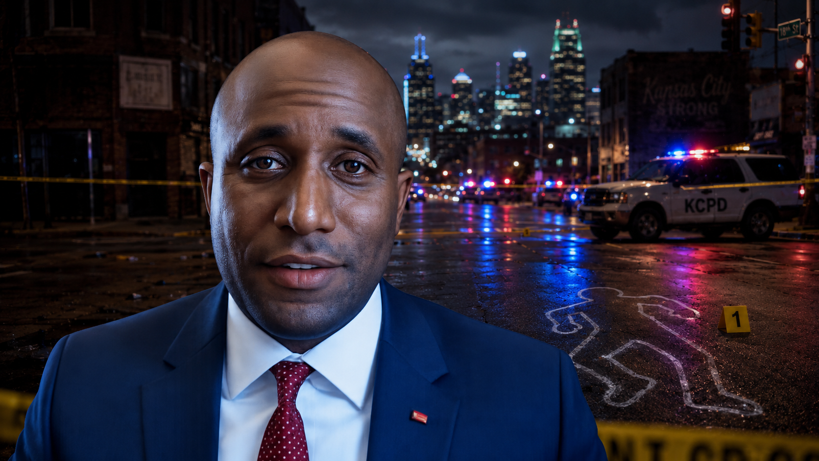 Dark Gotham-style Kansas City skyline representing record homicide rates and violent crime during Mayor Quinton Lucas era with police lights, abandoned businesses, and rising crime statistics
