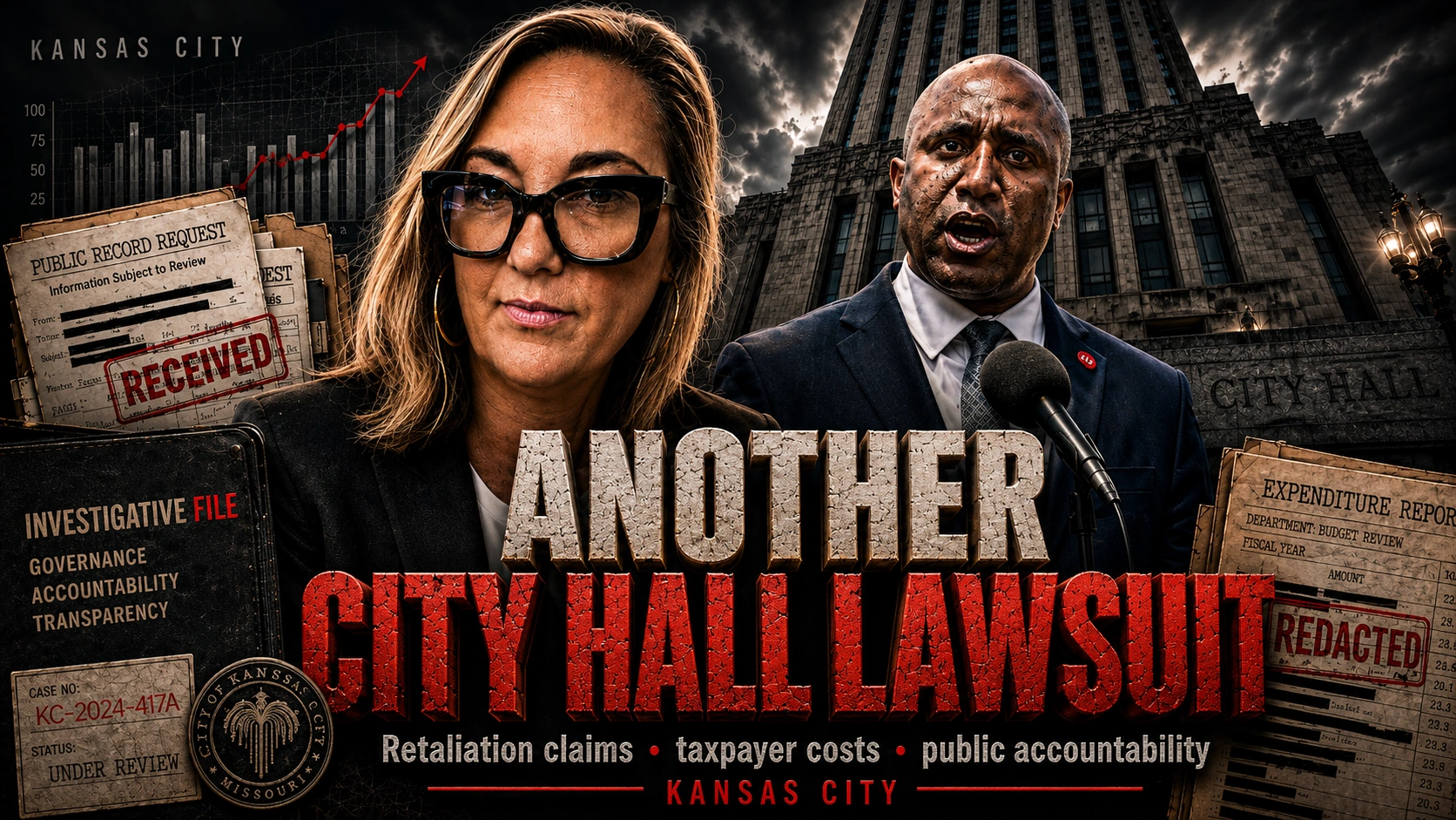 Dark investigative blog image showing Melissa Kozakiewicz, Mayor Quinton Lucas, and Kansas City City Hall with public records, redacted documents, and bold text reading Another City Hall Lawsuit.