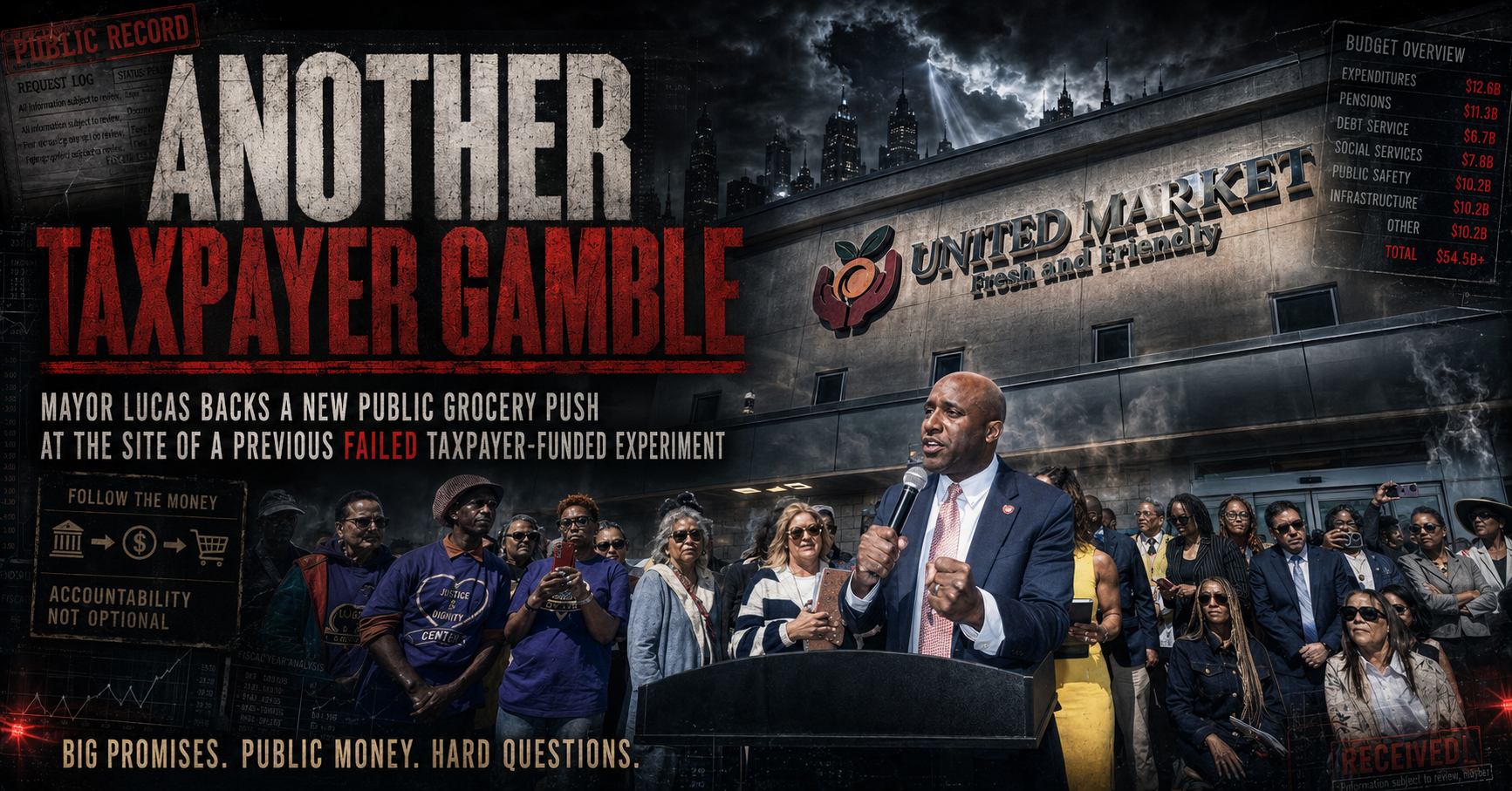 Investigative blog image showing Mayor Quinton Lucass, Kansas City City Hall, and the Linwood grocery site at 31st and Prospect, representing taxpayer spending and accountability concerns after the failed Sun Fresh grocery project.