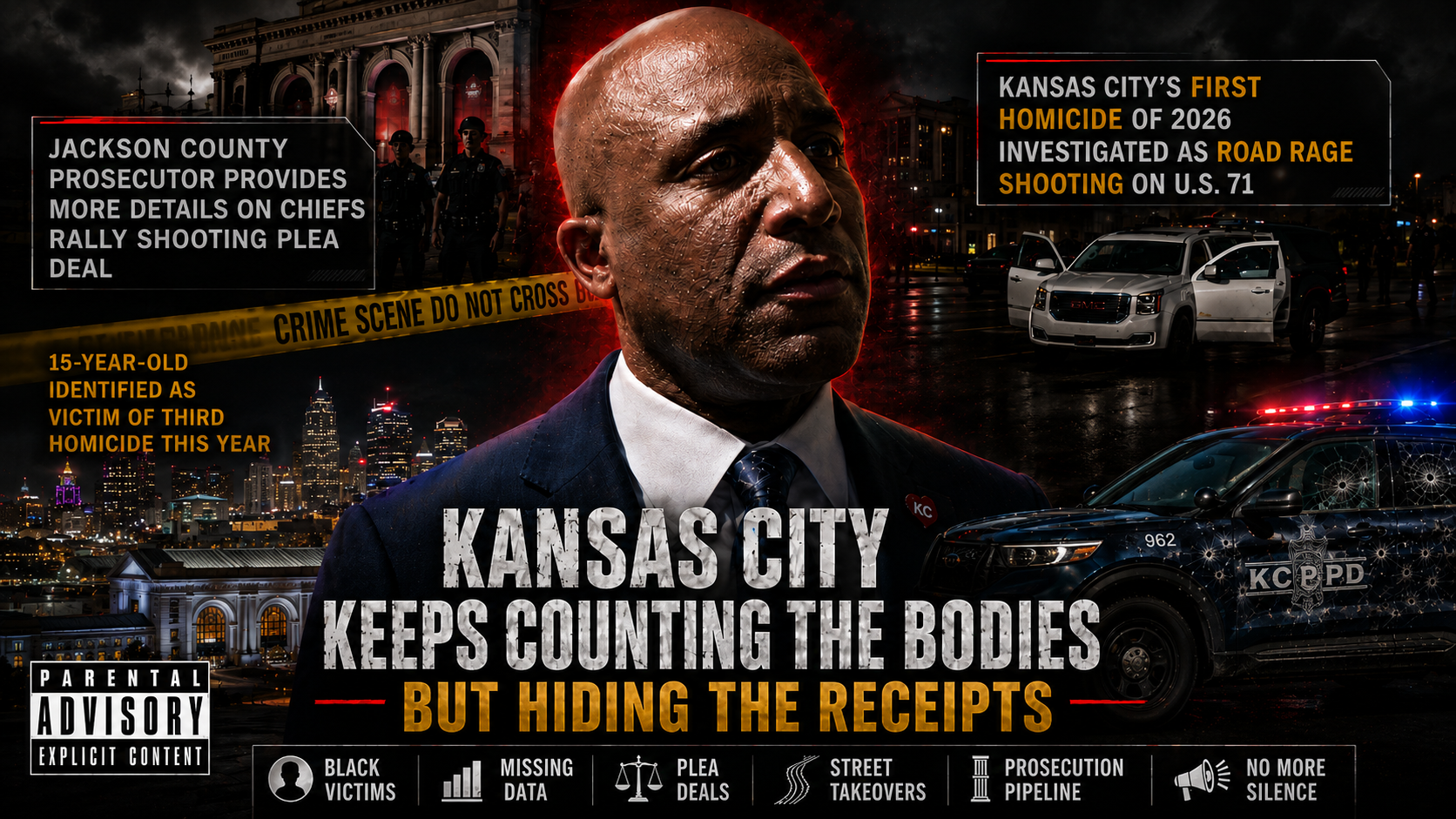 Cinematic Kansas City crime crisis cover with a suited public official, police lights, homicide headlines, KCPD vehicle, crime scene tape, and prosecution accountability theme.
