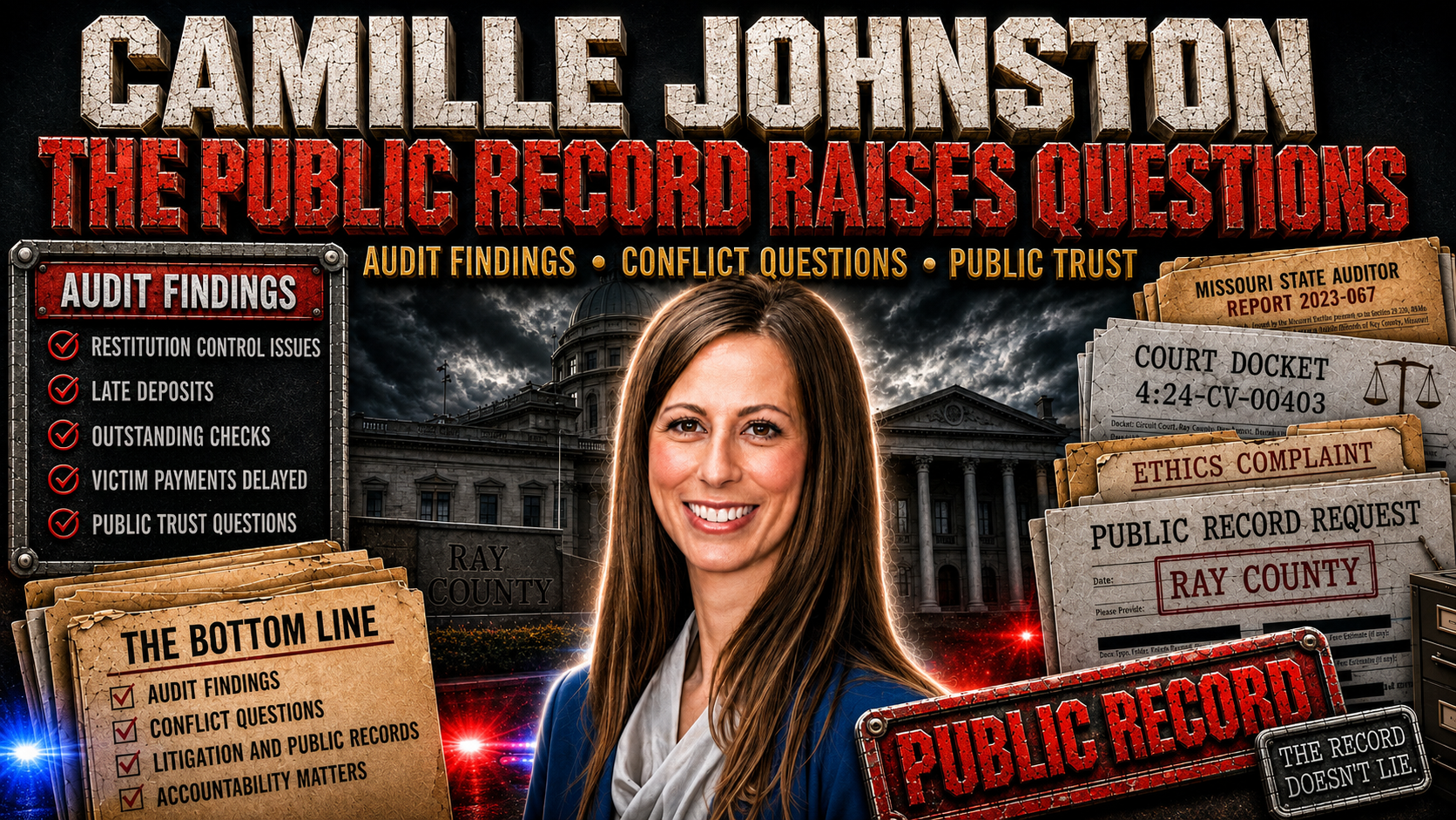 Ray County Prosecuting Attorney Camille Johnston featured in an investigative news graphic about audit findings, public trust, conflict questions, and accountability concerns in Ray County Missouri